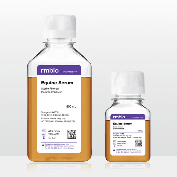 Gamma Irradiated Donor Equine Serum in a 500 milliliter bottle and a 50 milliliter bottle.