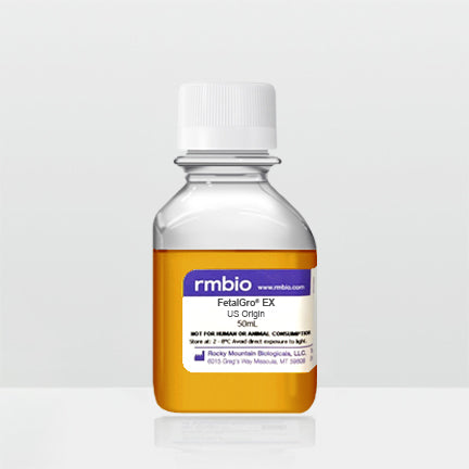 Fetalgro EX® Bovine Growth Serum in a transparent 50 milliliter bottle.