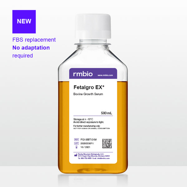 Fetalgro EX® Bovine Growth Serum in a transparent 500 milliliter bottle.