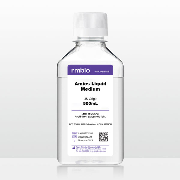 Liquid Amies Medium in a transparent 500 milliliter bottle.
