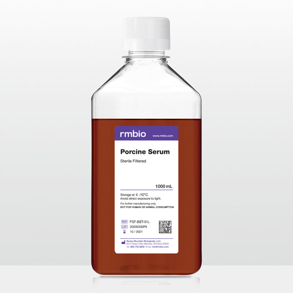 Porcine Serum in a transparent 1000 milliliter bottle.