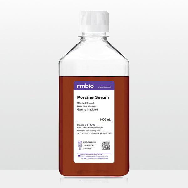 Gamma irradiated and heat inactivated Porcine Serum in a transparent 1000 milliliter bottle.