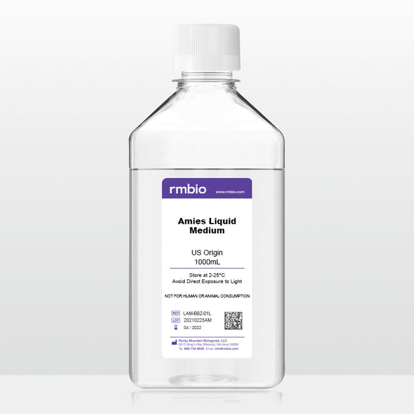 Liquid Amies Medium in a transparent 1000 milliliter bottle.