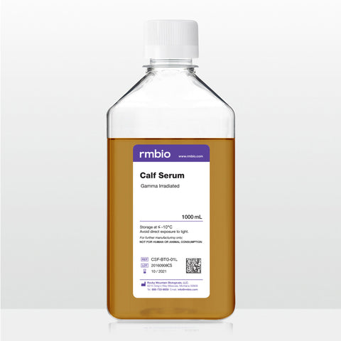 Gamma irradiated formula fed Bovine Calf Serum in a transparent 1000 milliliter bottle.